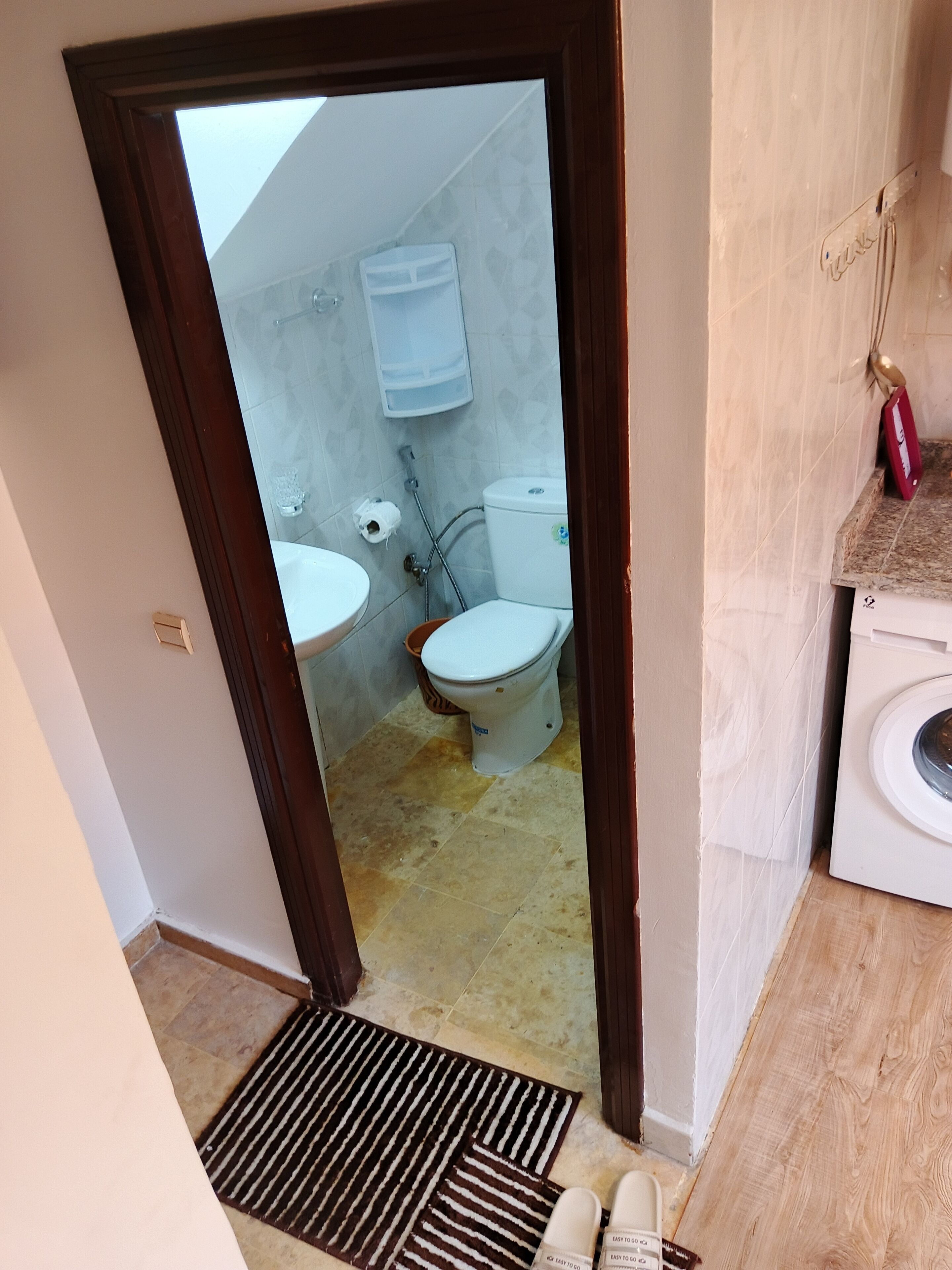Une salle de bain avec des toilettes, un lavabo et une douche.