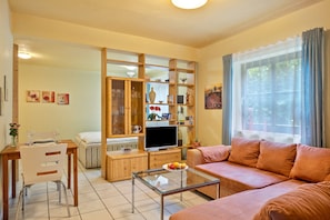 Ein Wohnzimmer mit Sofa, Fernseher, Glastisch, Esstisch mit Stühlen und einer Küchenzeile mit Schränken und Kühlschrank.