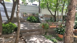 Un jardin avec des marches en pierre menant à un espace aménagé avec des sièges, entouré de plantes en pot et d’arbres.