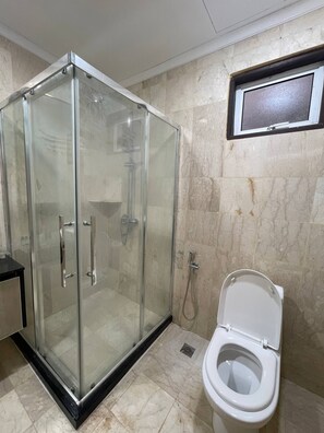 Shower, bidet, towels, toilet paper