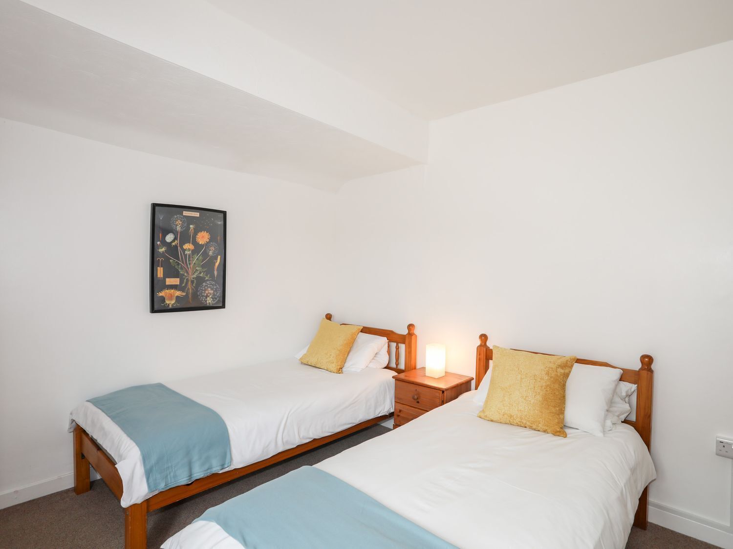 A bedroom with two single beds, a nightstand with a lamp, and a framed botanical illustration on the wall.