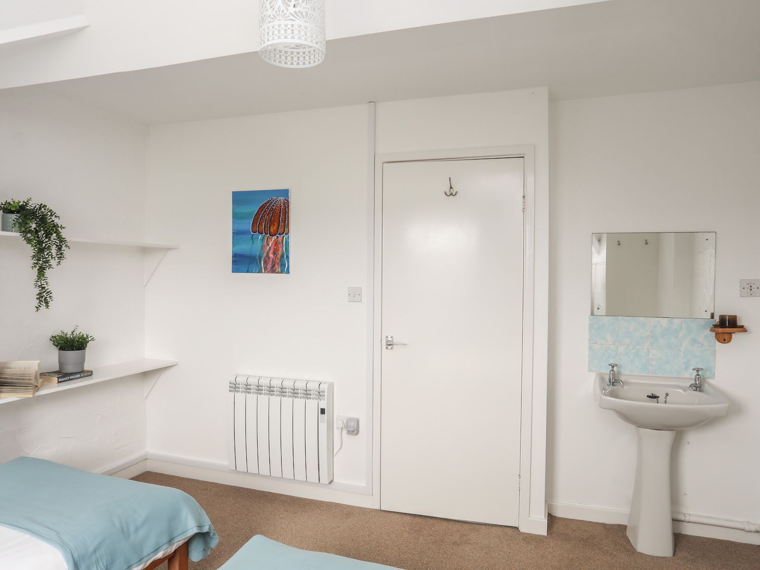 Un dormitorio con una cama, un radiador, una puerta blanca, un estante con plantas y un cuadro.