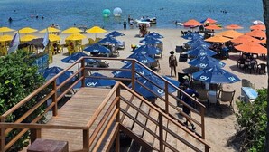 A beach with multiple umbrellas and chairs, a wooden deck, and a clear view of the sea. - PORTO ALTO RESORT (Ipojuca)