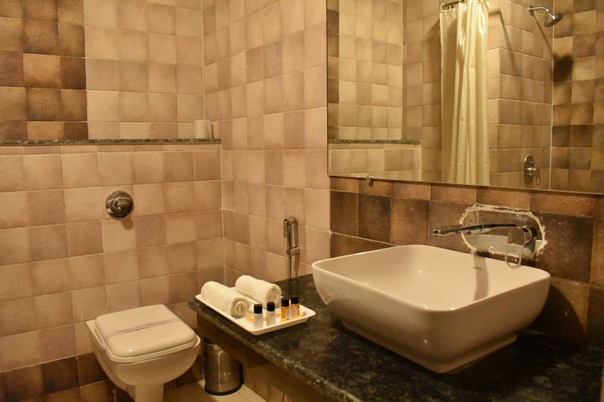 Une salle de bain avec un lavabo blanc, des toilettes et une douche.