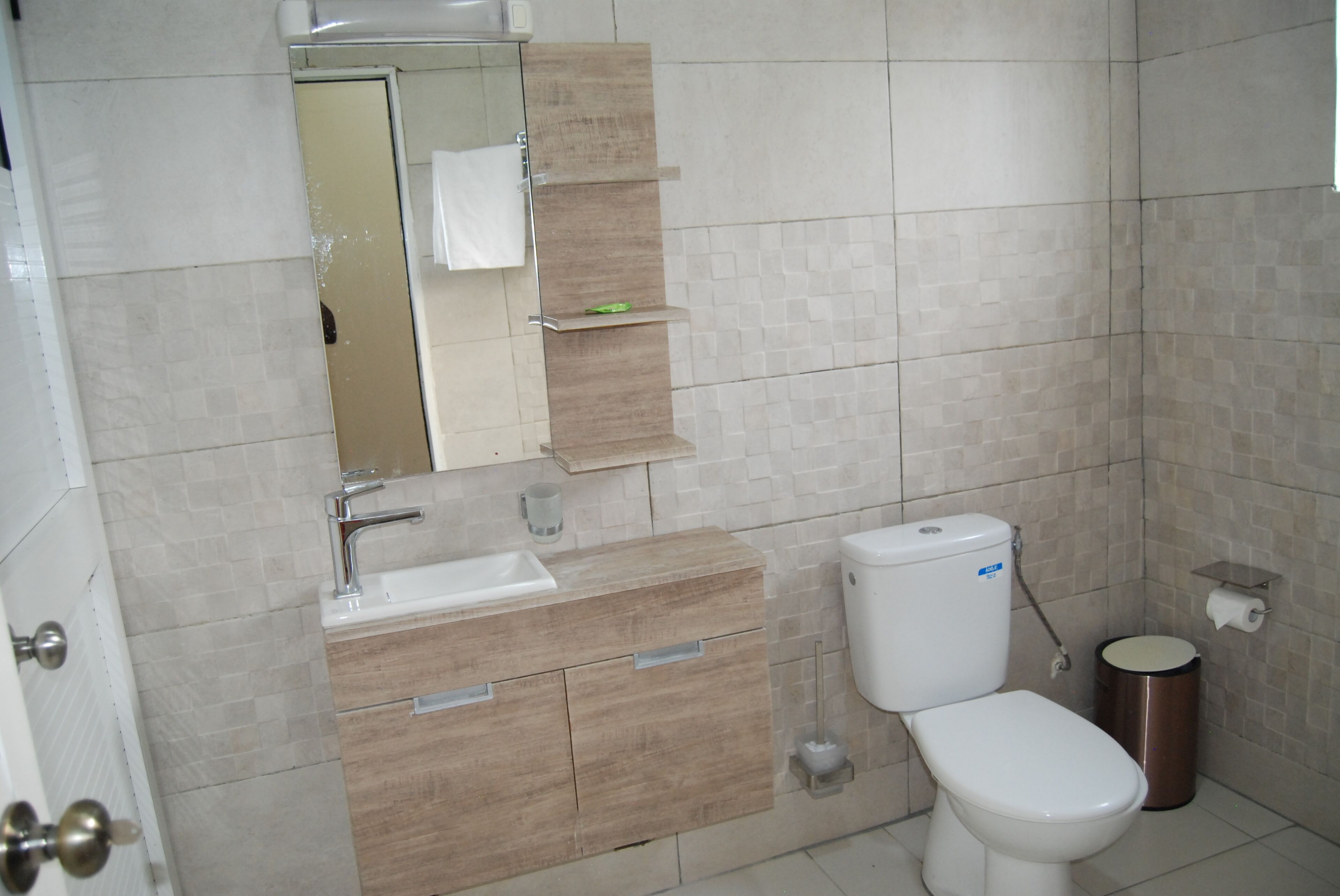 A bathroom with a sink, mirror, toilet, and storage shelves.