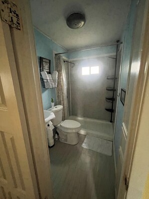Shower, towels, soap, toilet paper