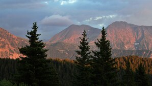 Eine gebirgige Landschaft mit dichten Wäldern und markanten Gipfeln.