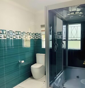 Shower, towels, toilet paper