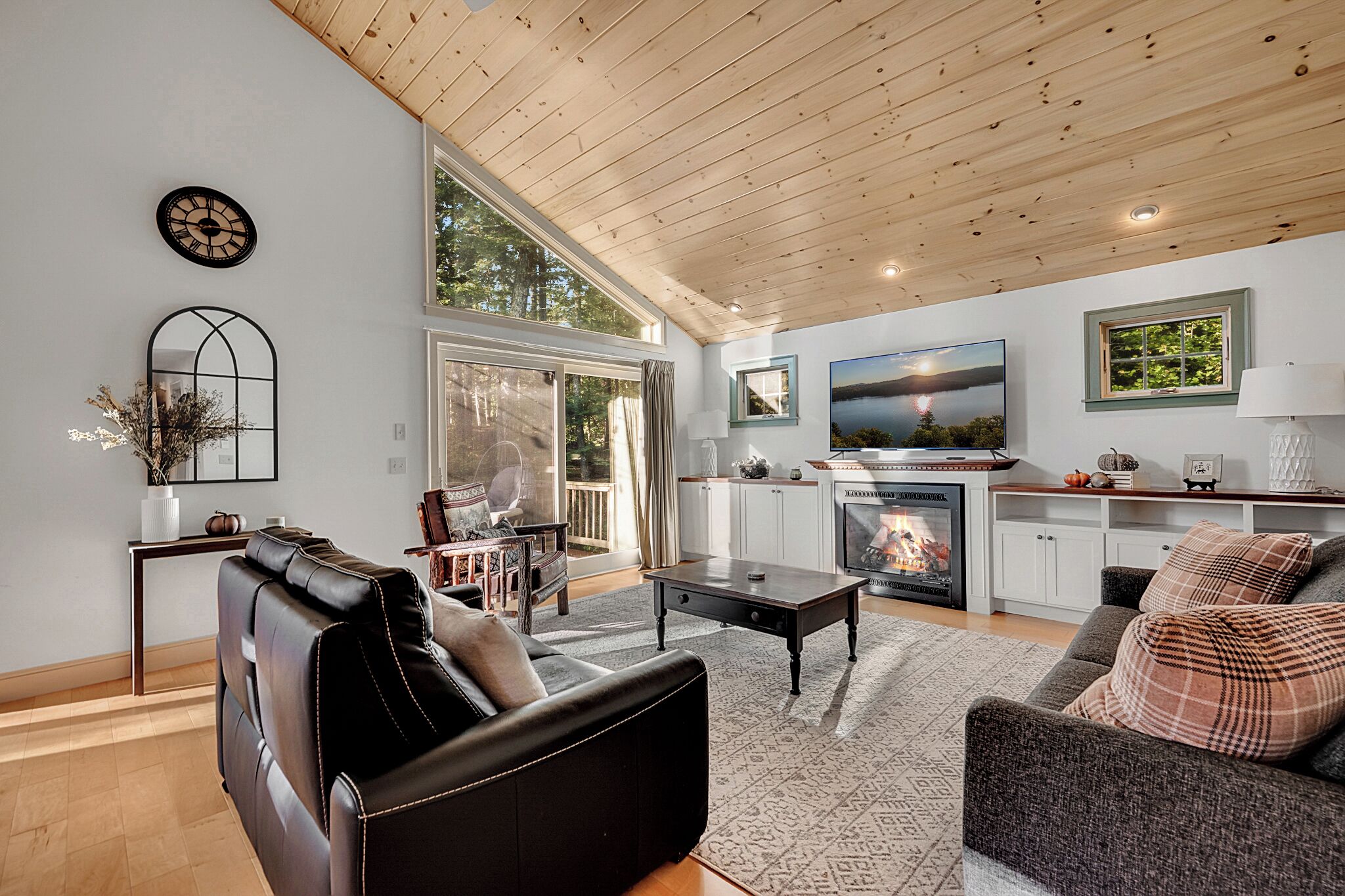 TV connectée, cheminée, livres