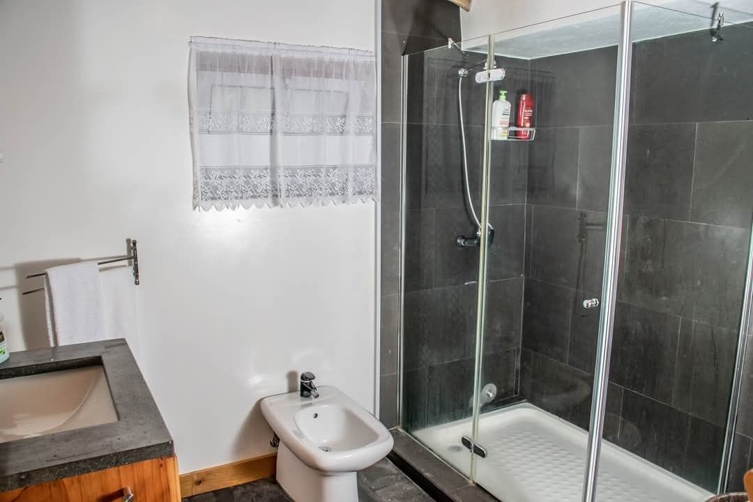 A bathroom with a glass-enclosed shower, a bidet, and a sink with a wooden cabinet.