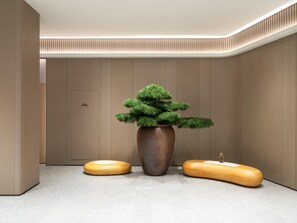 Un interior moderno con una planta grande en maceta, dos taburetes de madera y una luz empotrada en el techo.