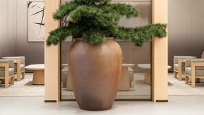 A large terracotta pot with a topiary plant in a modern interior space with wooden furniture and a decorative screen. - Ji Hotel Guangzhou Baiyun Airport Renhe Metro (Guangzhou)