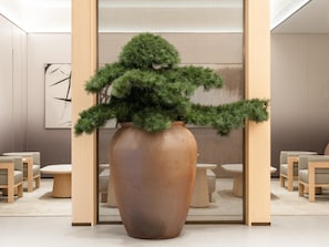 A large terracotta pot with a topiary plant in a modern interior space with wooden furniture and a decorative screen. - Ji Hotel Guangzhou Baiyun Airport Renhe Metro (Guangzhou)