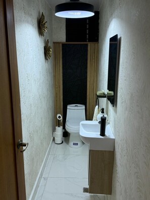 A narrow bathroom with a toilet, sink, and decorative wall sconces. -  charming apartment in cool Santo Domingo Este (Santo Domingo Este)