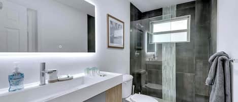 Shower, hair dryer, towels