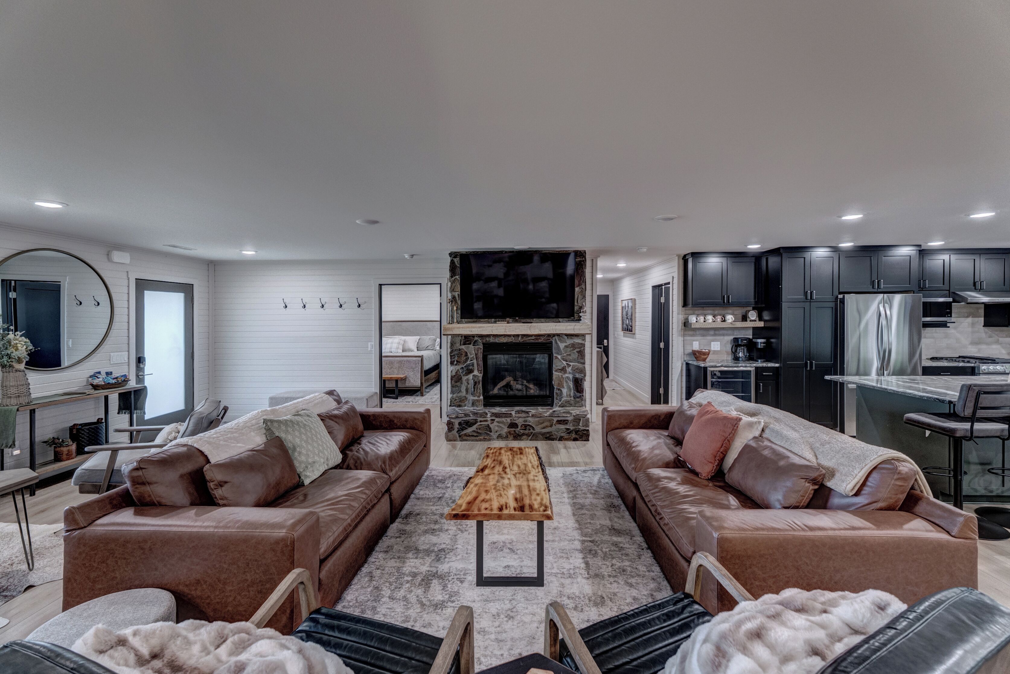 Smart TV, fireplace, books