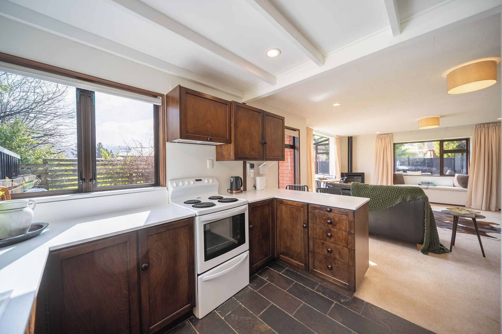 Fridge, microwave, toaster, cookware/dishes/utensils