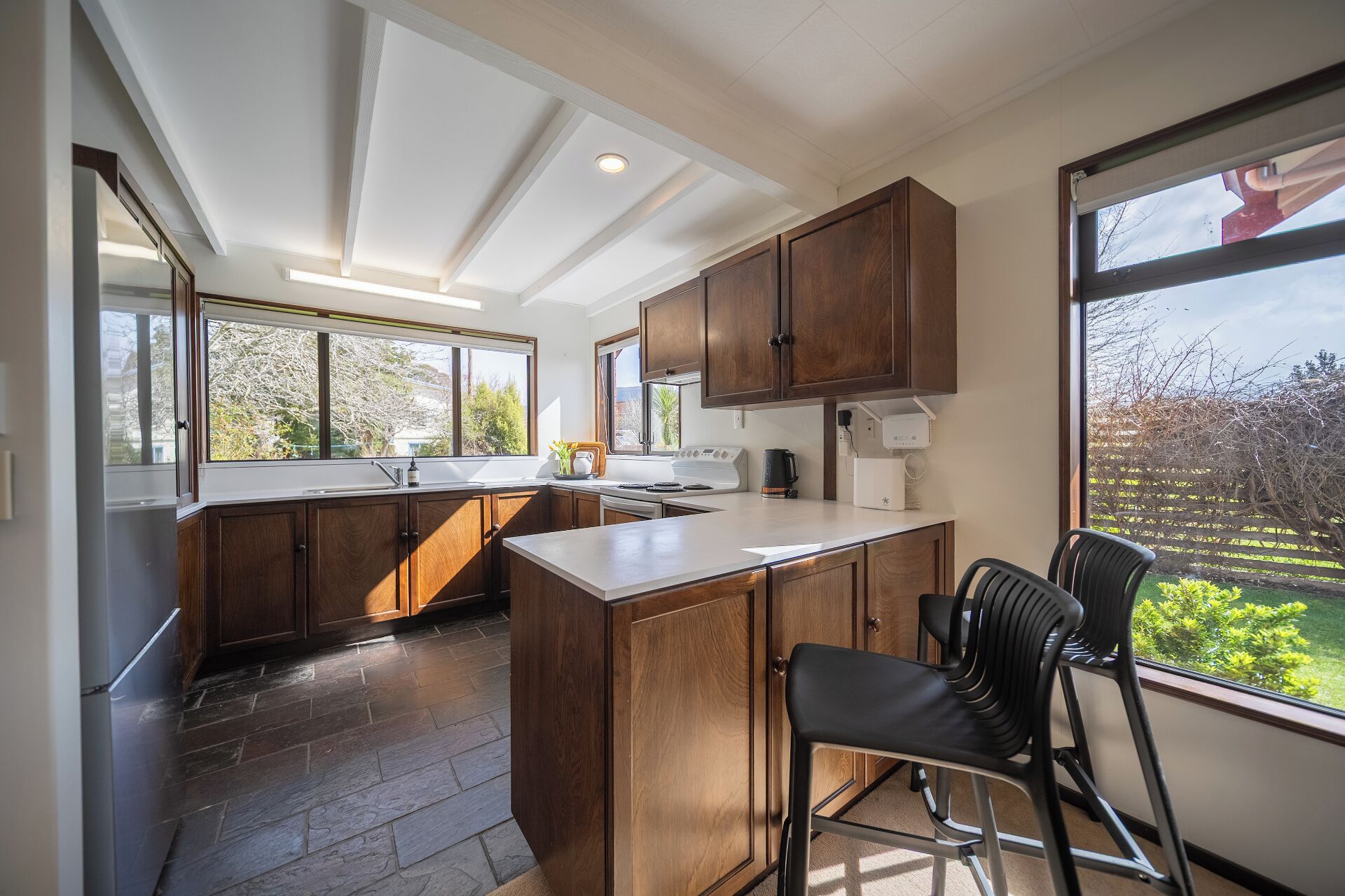 Fridge, microwave, toaster, cookware/dishes/utensils