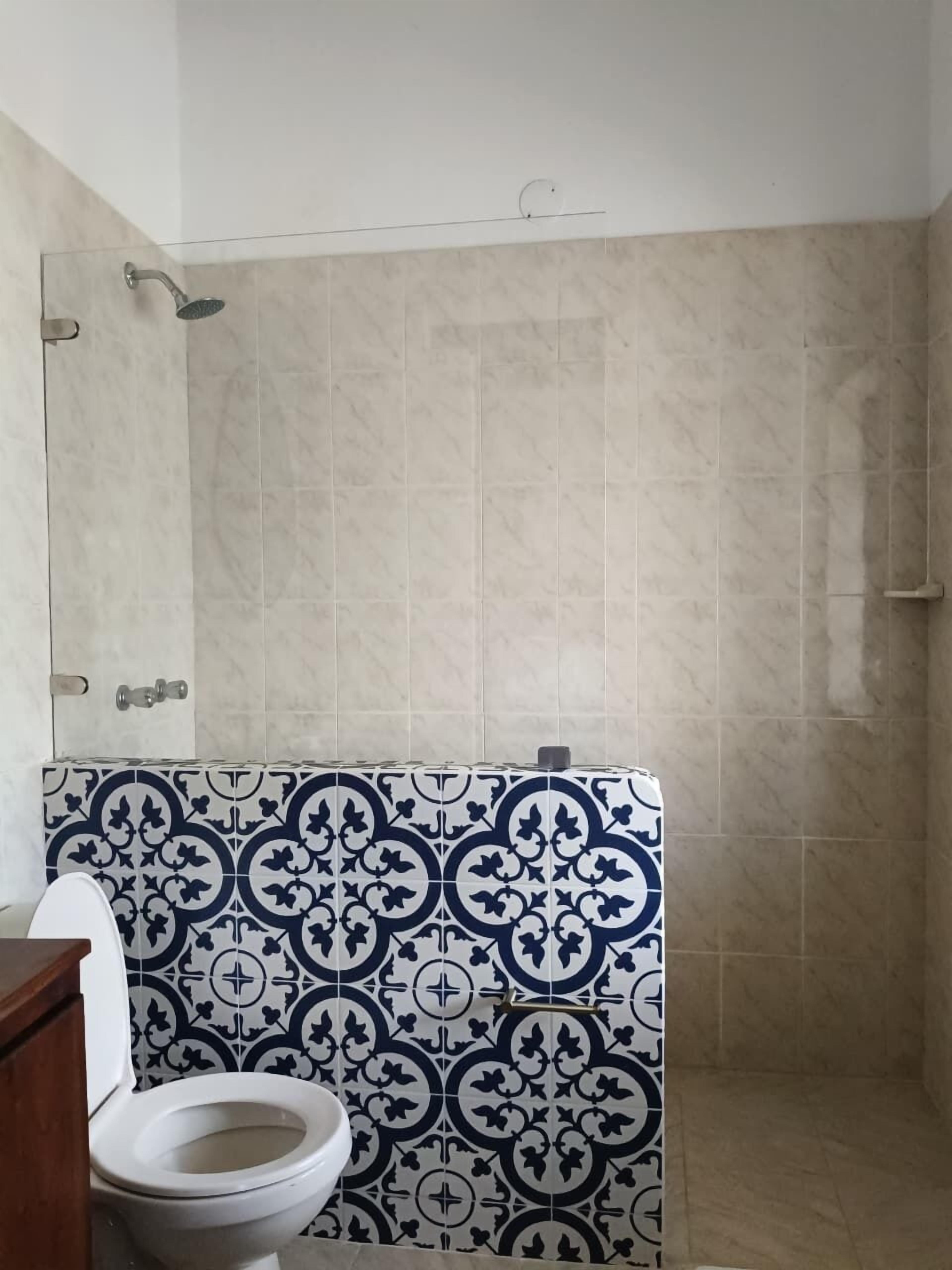 A bathroom with a toilet, a shower, and a patterned tile wall.