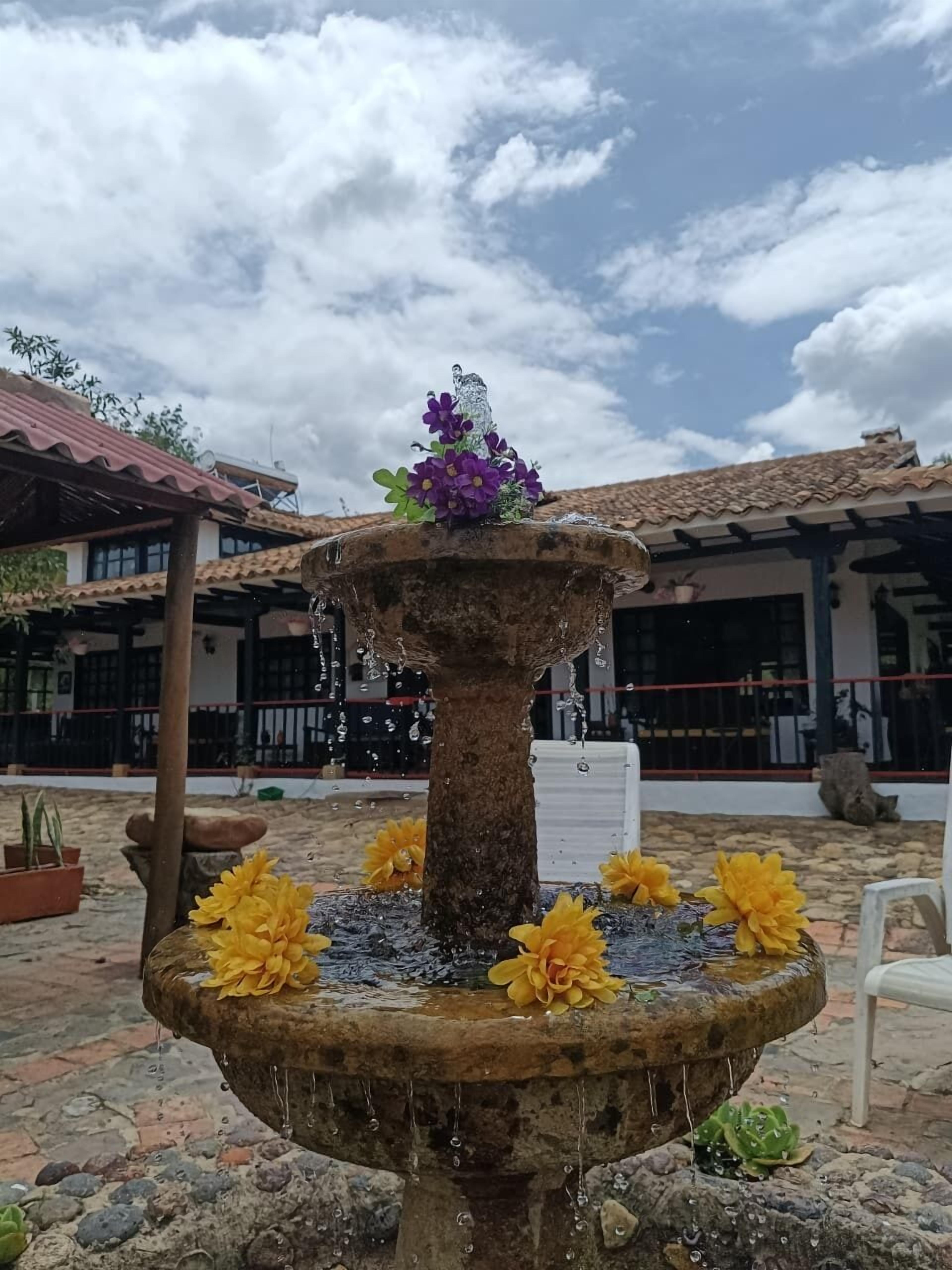 A stone fountain with water flowing, surrounded by yellow flowers, in an outdoor courtyard with tiled roofs and potted plants.