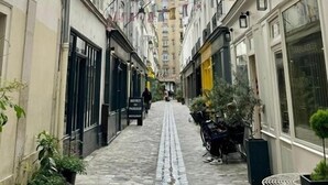 A narrow cobblestone street flanked by buildings with balconies, some with flags. - Cozy Hideaway in a Quiet Paris Passage (Paris)