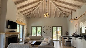 A spacious living area with a high wooden ceiling, a fireplace, a sofa, a coffee table, and a kitchen area with a dining table and chairs.