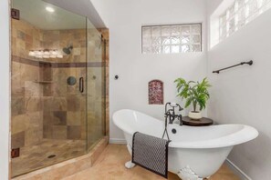 Shower, hair dryer, shampoo