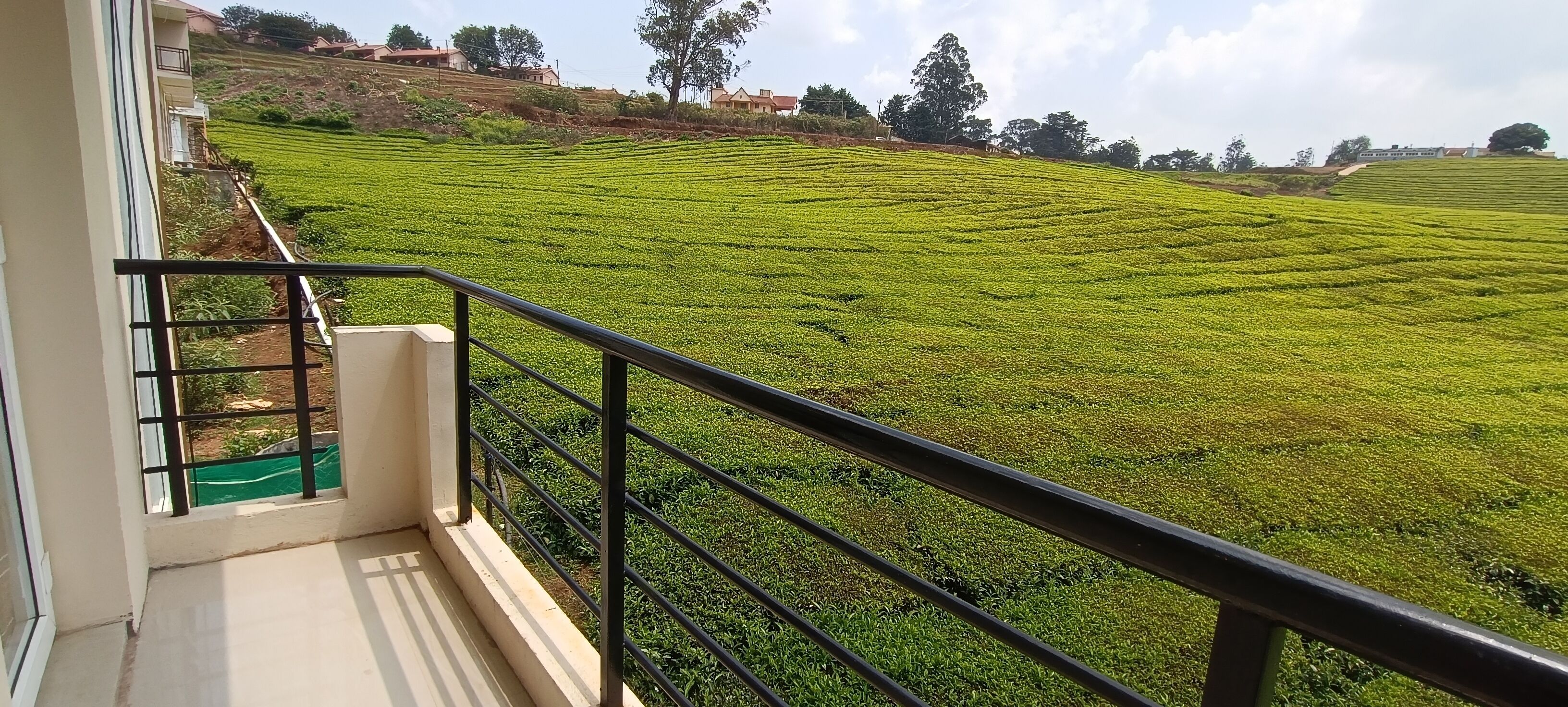 A balcony with a view of a terraced tea plantation.