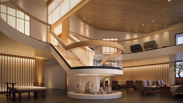 Een modern interieur met een centrale spiltrap, zithoeken en een groot raam.