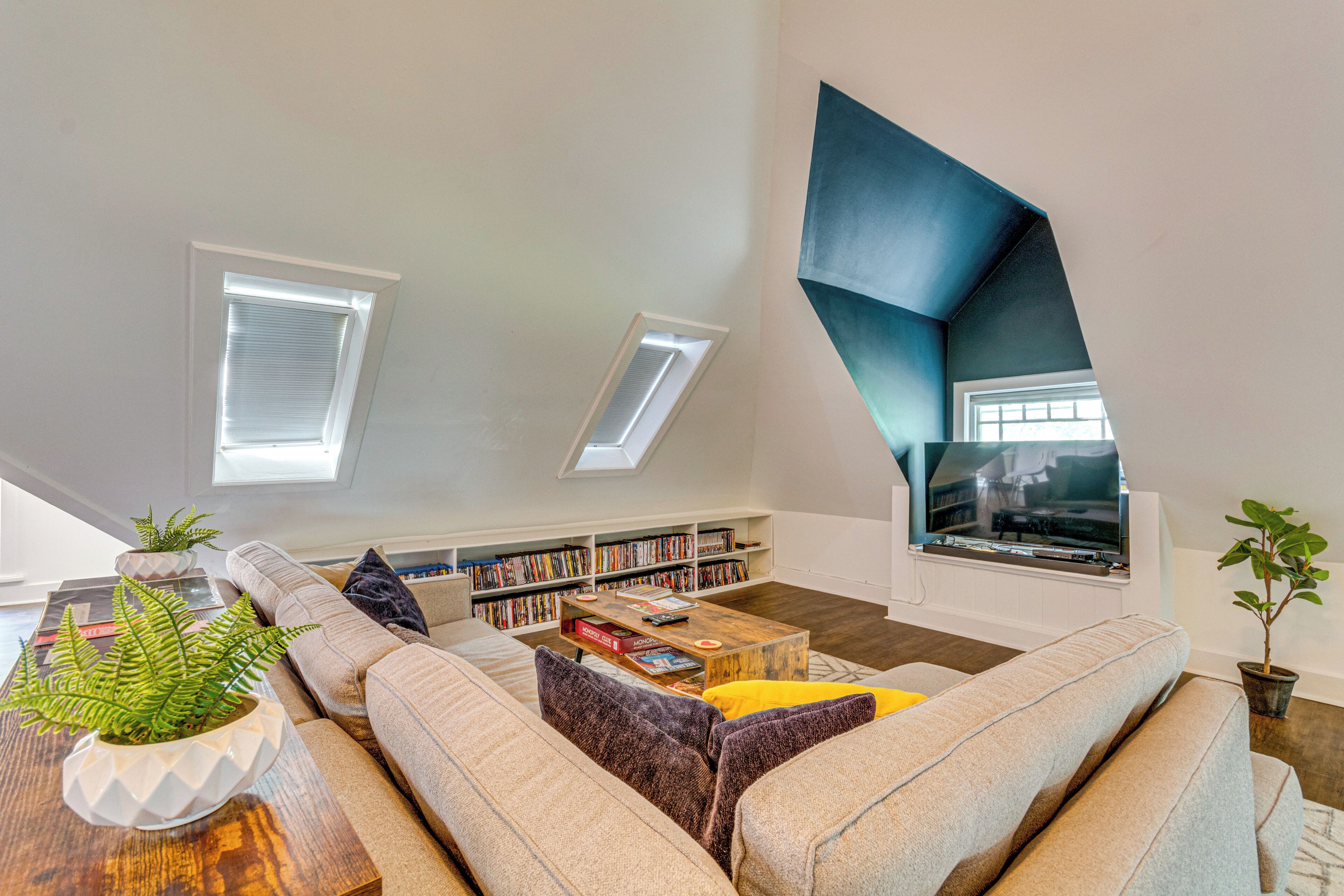 TV, books, video library, offices