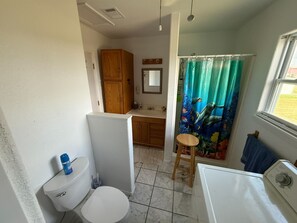 Hair dryer, towels, soap, toilet paper