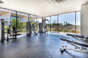 A gym with exercise equipment, large windows, and a view of greenery. - Luxury 2 BR Condo - Oceanview Pool - Gym (Cabo San Lucas)