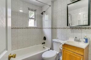 Hair dryer, towels, soap, toilet paper