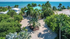 Un resort con vista a la playa, palmeras y cielo despejado.
