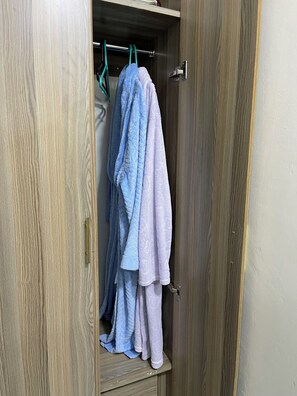 Un armario de madera con barra para colgar y puerta.