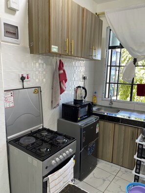 Fridge, microwave, oven, electric kettle