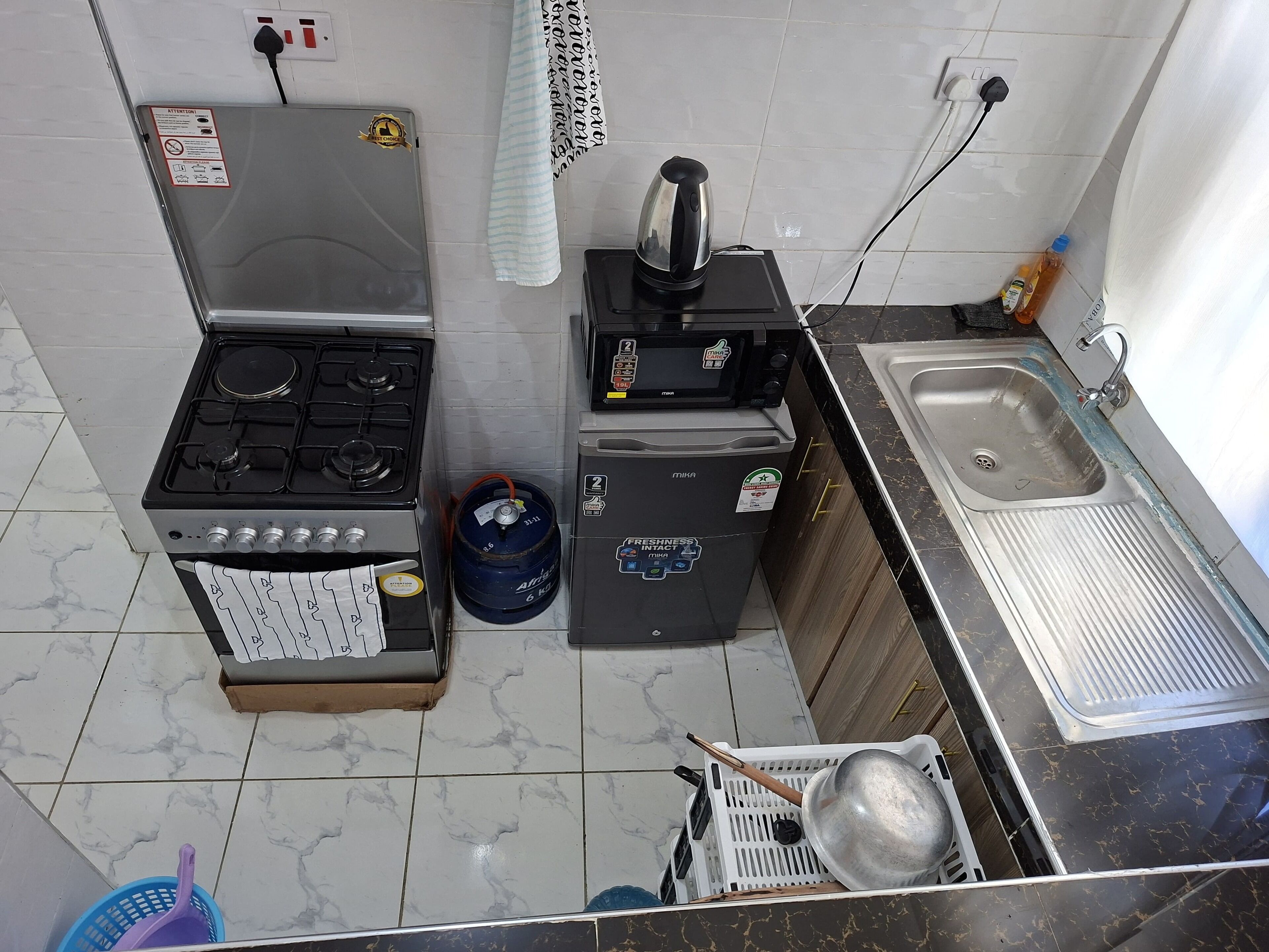 Fridge, microwave, oven, electric kettle
