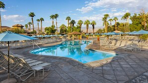 A pool area with sun loungers and umbrellas, surrounded by palm trees.