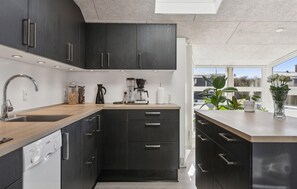 Fridge, stovetop, dishwasher, coffee/tea maker