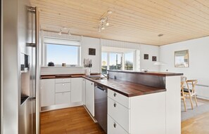 Fridge, stovetop, dishwasher, coffee/tea maker