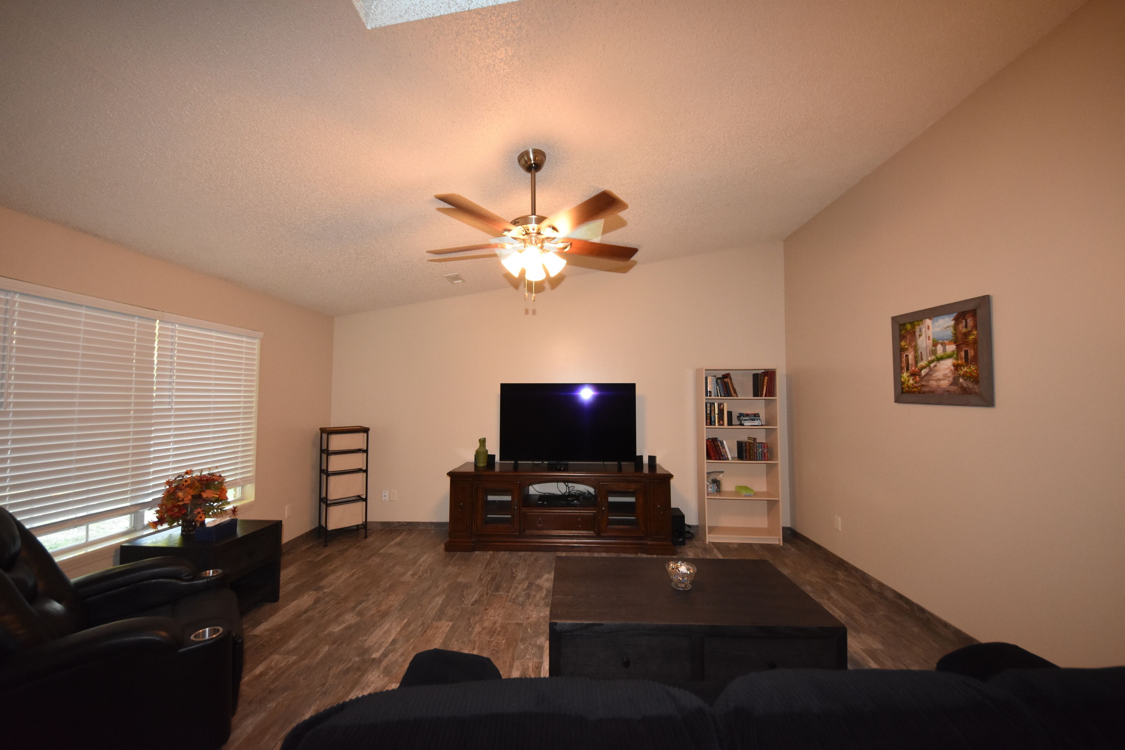 Älytelevisio, DVD-soitin, kirjoja, tietokoneen näyttö