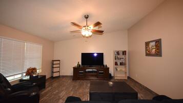 Smart TV, DVD player, books, computer monitors