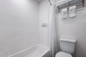 Eco-friendly toiletries, hair dryer, towels, soap