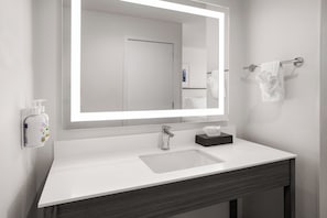 Hair dryer, towels, soap, toilet paper