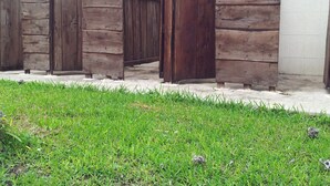 A row of wooden benches with a concrete floor, surrounded by a grassy area. - Mayan World Adventures (Estero Franco)
