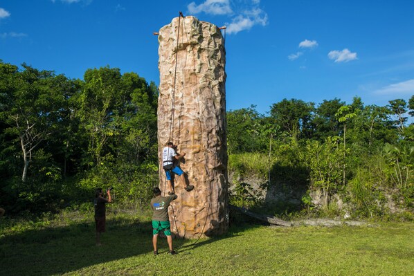 Actividad de escalada en roca con una gran formación rocosa y un guía.