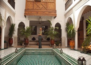 Un cortile con una piscina, piante in vaso e una persona al centro.