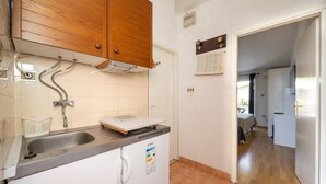 Cocina compacta con un lavamanos, armarios de madera y una pequeña encimera.