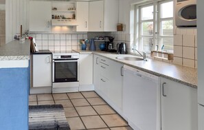 Fridge, stovetop, dishwasher, coffee/tea maker