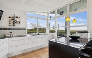Fridge, stovetop, dishwasher, coffee/tea maker